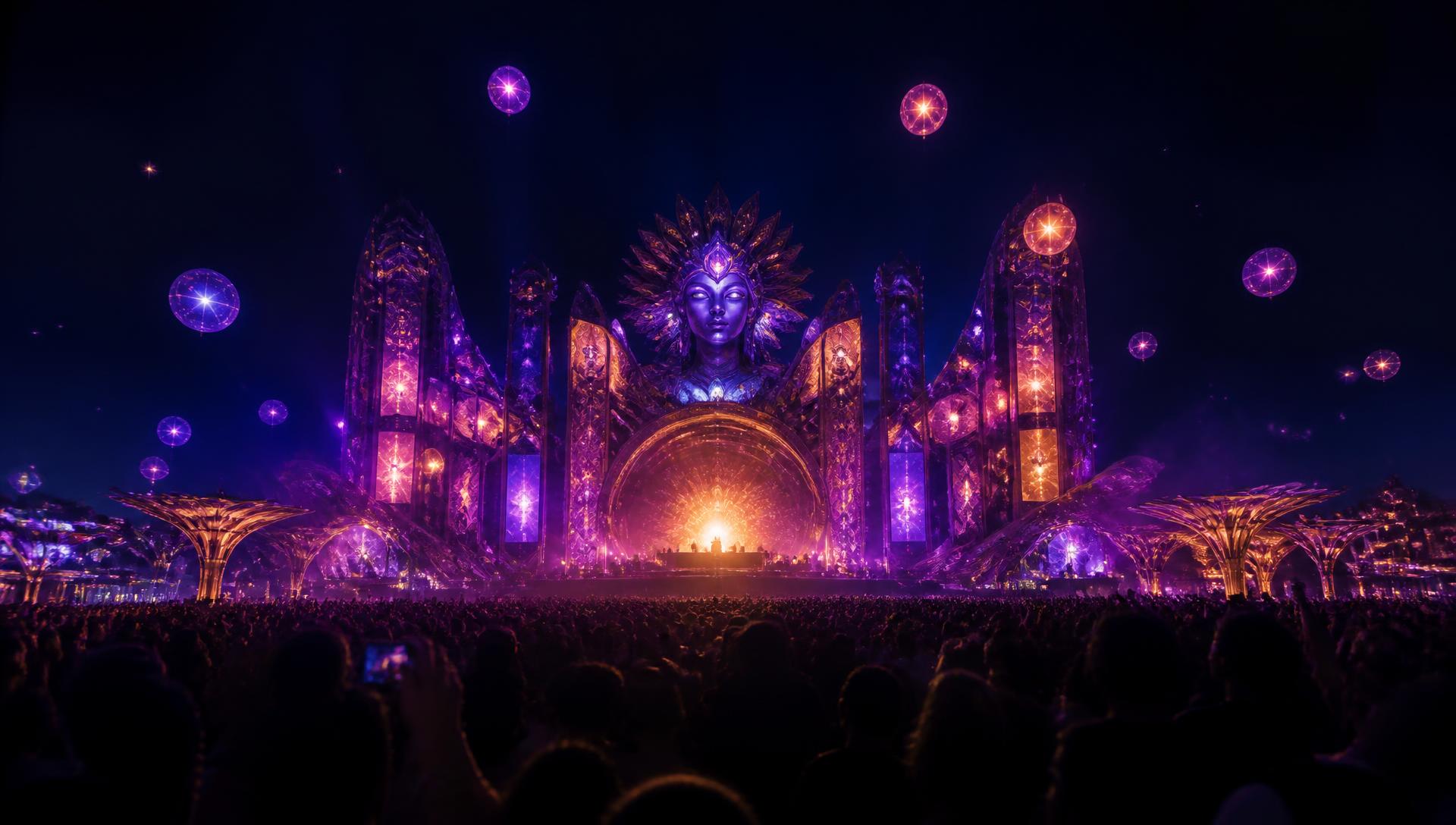 Illuminated festival stage at night with glowing lights